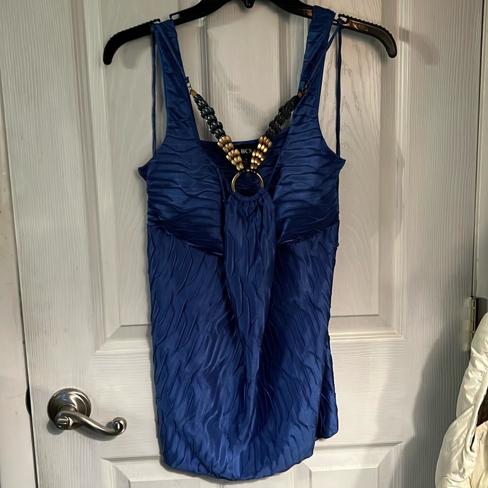 Beautiful blue shiny tank top with beaded halter detail